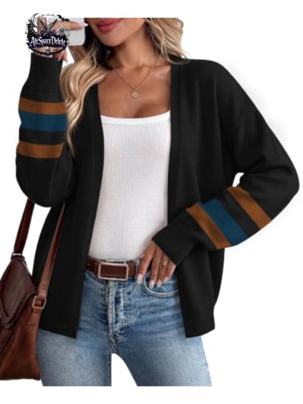 WIHOLL Open Front Knit Cardigan Balloon Sleeve Striped Cuff Fall Layer